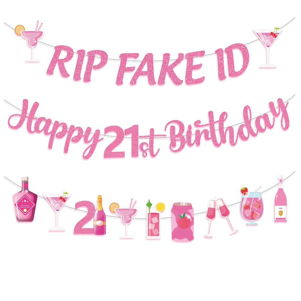 21st Birthday Decorations for Her, Pink Glitter Happy 21st Birthday Banner Champagne Wine Bottle Rip Fake ID Sign for Girls 21 Years Old Party Supplies