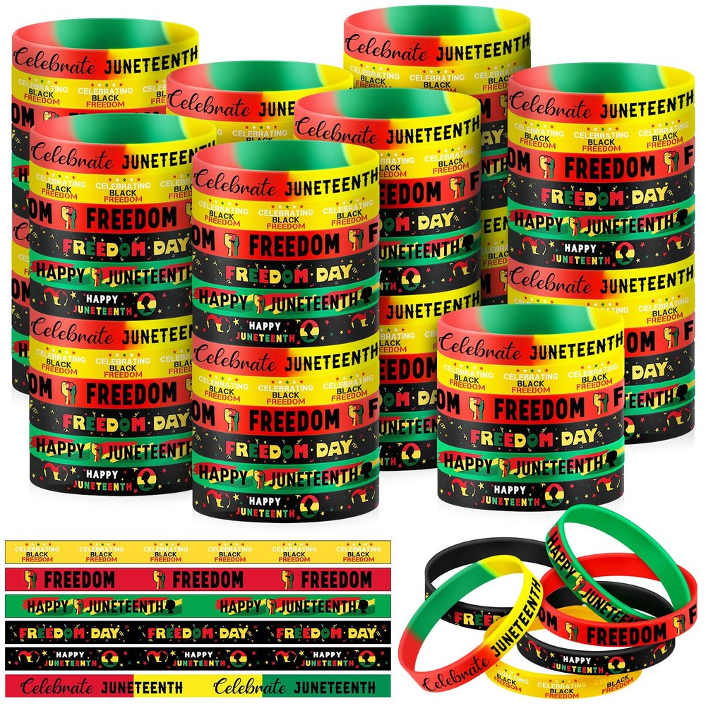 Poen 120 Pcs Happy Juneteenth Day Party Favors Juneteenth Silicone Bracelets Black Freedom Day Rubber Wristbands 1865 Black American Independence Bracelets for Adults(Fresh Style)