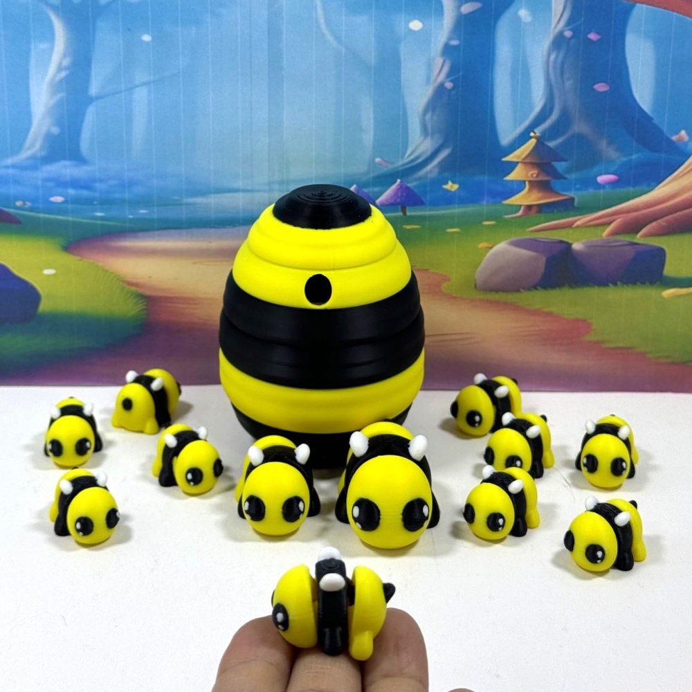 12Pcs 3D Printed Bees with Hive Egg, Articulated Bumble Bees Fidget Toys, Tiny Animal Insects Fidget ADHD Autism Toy - AMBEES-12X
