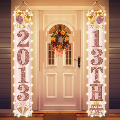 13th Birthday Party Banner Lighted Decorations for Girls-Pink Rose Gold Vintage 2013 13 Birthday Door Banners with LED Light, Cheers to 13 Years Old Birthday Party Supplies Decor