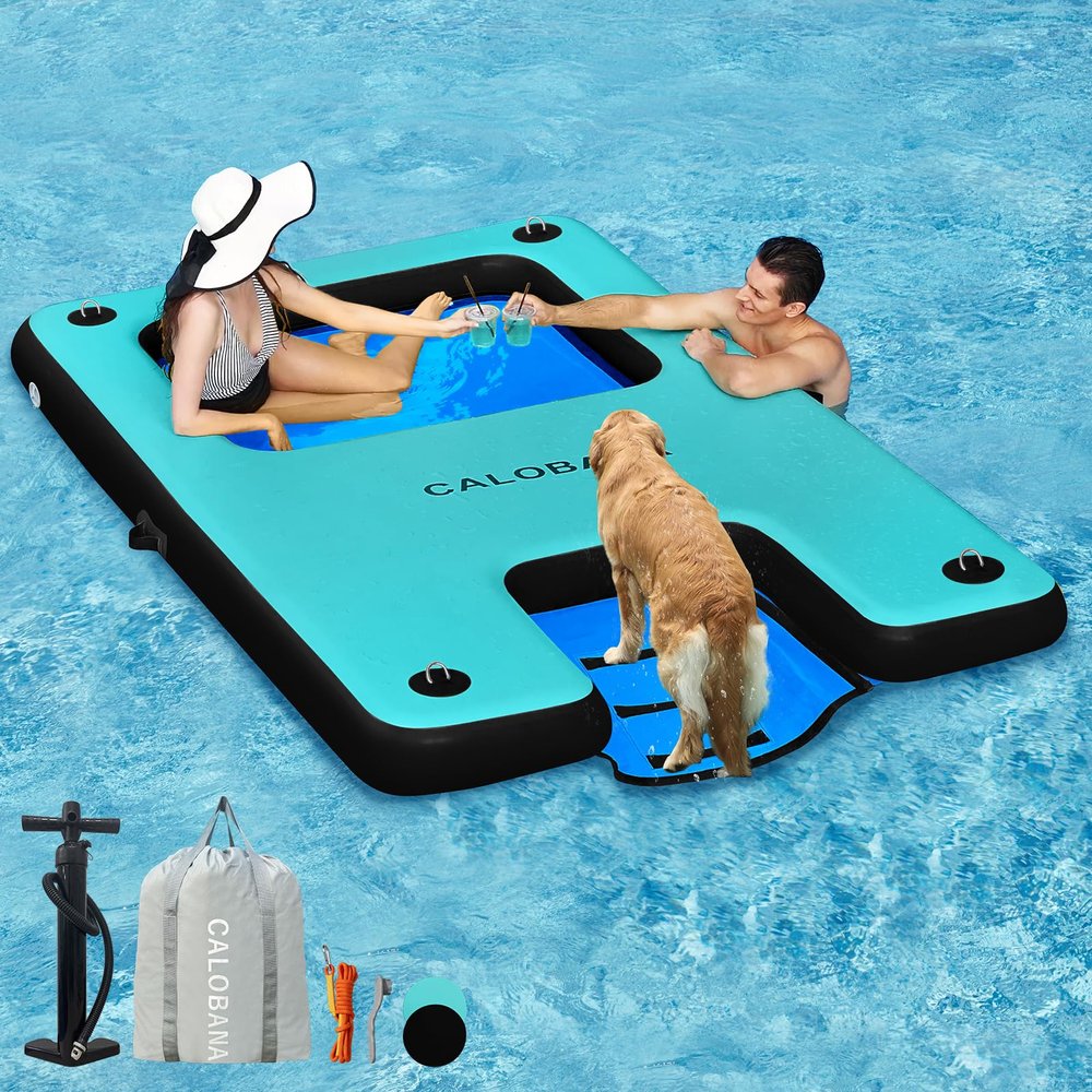 CALOBANA 10ft x 6ft Inflatable Floating Dock with Mesh, Lake Floats with Boat Ramp Tanning Pool Lounger Water Hammocks for Family Party Pool Sea River Dock Boat, Mint Green & Blue