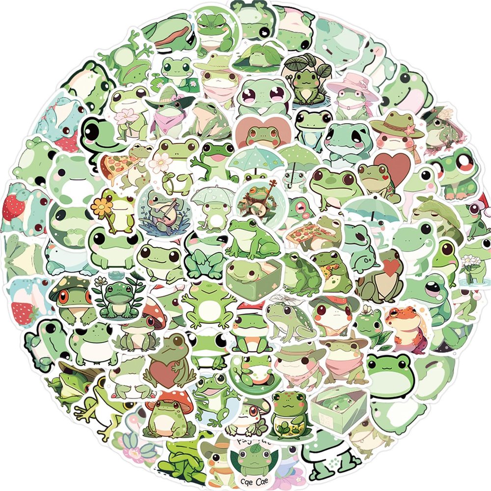 100 Pcs Cute Frog Stickers, Funny Cartoon Aesthetic Decals for Teens Adult, Bulk Waterproof Stickers for Water Bottle Laptop Scrapbook,Journal and Cards,Frog Party Favors (Green)