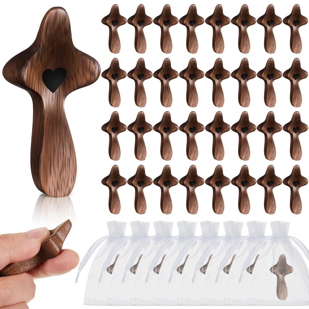 Threehoney 40 Pcs Wooden Cross Fidget Cross My Heart, Small Handheld Pocket Crosses in Bulk with Organza Bag Relief Fingertip Stress Christian Baptism First Communion Gift for Inspirational Prayer