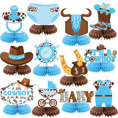 12 Pcs Cowboy Baby Shower Decorations a Little Cowboy Is on the Way Honeycomb Centerpieces Western Baby Shower Decorations Western Table Topper Table Decoration for Birthday Party Favors