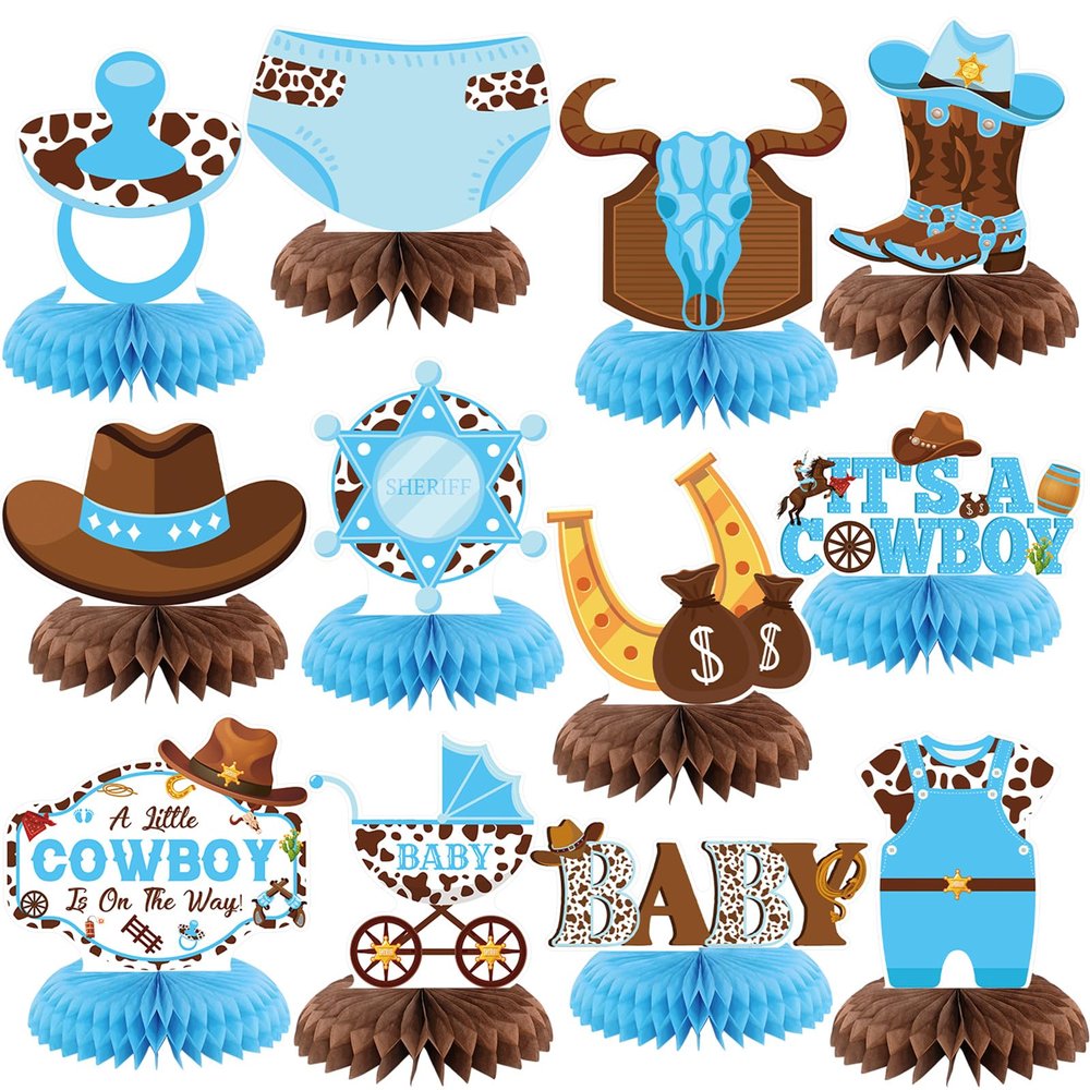 12 Pcs Cowboy Baby Shower Decorations a Little Cowboy Is on the Way Honeycomb Centerpieces Western Baby Shower Decorations Western Table Topper Table Decoration for Birthday Party Favors