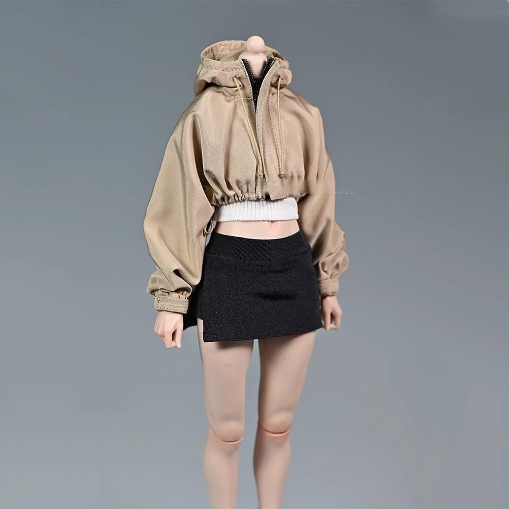 1/6 Scale Female Clothes Short Jacket with Hat & Skirt Clothing Model for 12-inches Action Figure Body, Fashional Short Coat 1/6 Girl Clothing Costume Outfit (Khaki Jacket)