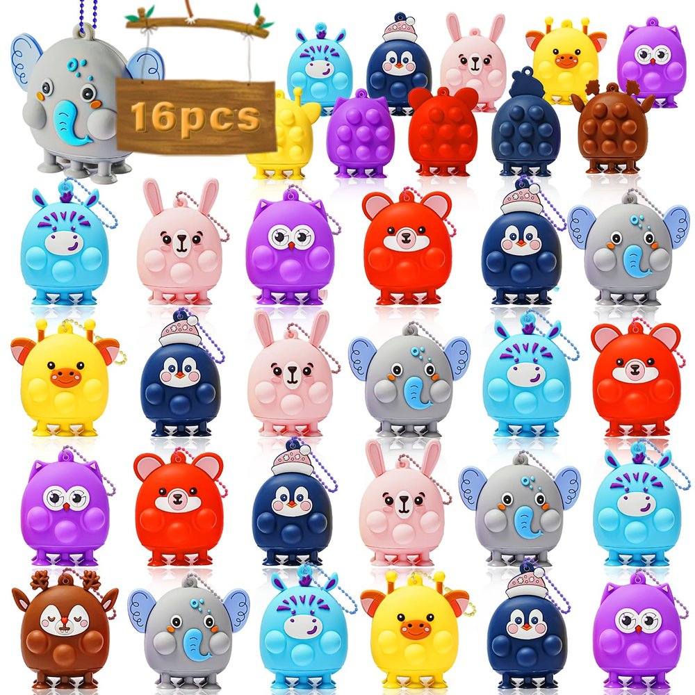 16 Pcs Party Favors for Kids, 3D Animal Pop Fidget Toys Bulk, Sensory Bath Suction Toys for Toddlers, Carnival Treasure Classroom Prizes Box Toys, Fidget Stocking Stuffers Birthday Party Gifts