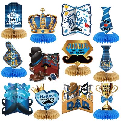 12 Pcs Father's Day Party Decorations Honeycomb Table Centerpieces Double Sided Blue Gold Ties Beards Leather Shoes Happy Father's Day Table Topper Decoration for Party Favors Photo Backdrop