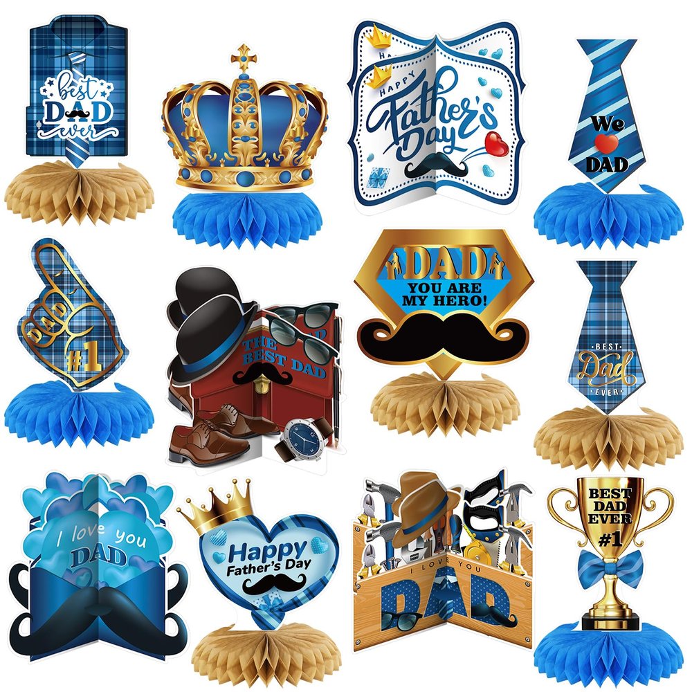 12 Pcs Father's Day Party Decorations Honeycomb Table Centerpieces Double Sided Blue Gold Ties Beards Leather Shoes Happy Father's Day Table Topper Decoration for Party Favors Photo Backdrop