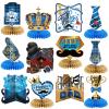 12 Pcs Father's Day Party Decorations Honeycomb Table Centerpieces Double Sided Blue Gold Ties Beards Leather Shoes Happy Father's Day Table Topper Decoration for Party Favors Photo Backdrop view 1