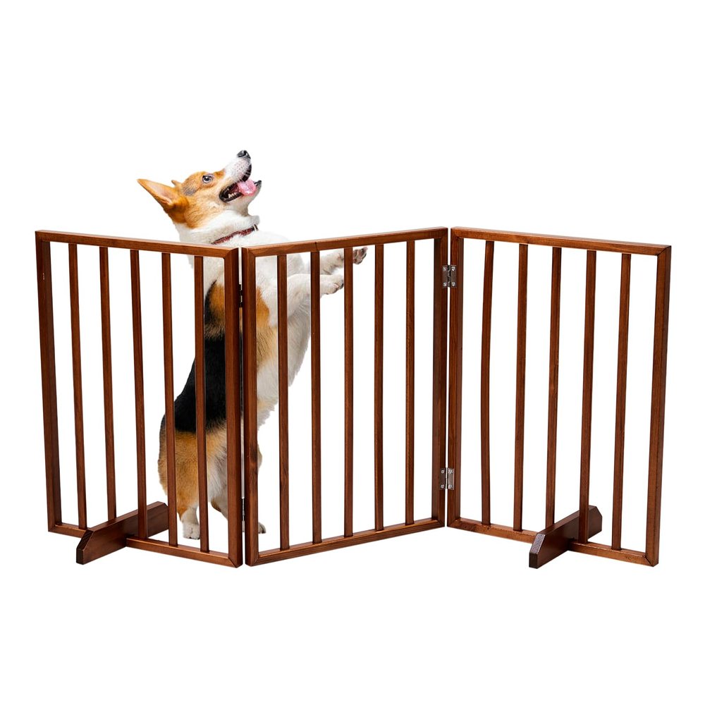 3 Panels Wooden Dogs Fence,Free Standing Pet Gate for Dog Cat,Wooden Indoor Foldable Dog Gate,Wide Pet Puppy Safety Fence,with Support Feet,for Hallways, Stairs, Doorways, Halls, Kitchen (Brown)