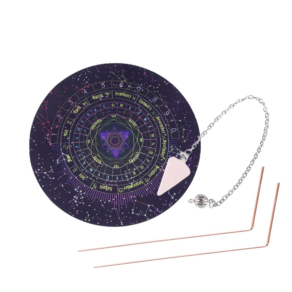 GOLOVENLD Witchcrafts Wiccan Supply Metal Dowsing Rod Set Divination Mat Carves Divination Tool for Spiritual Guidance