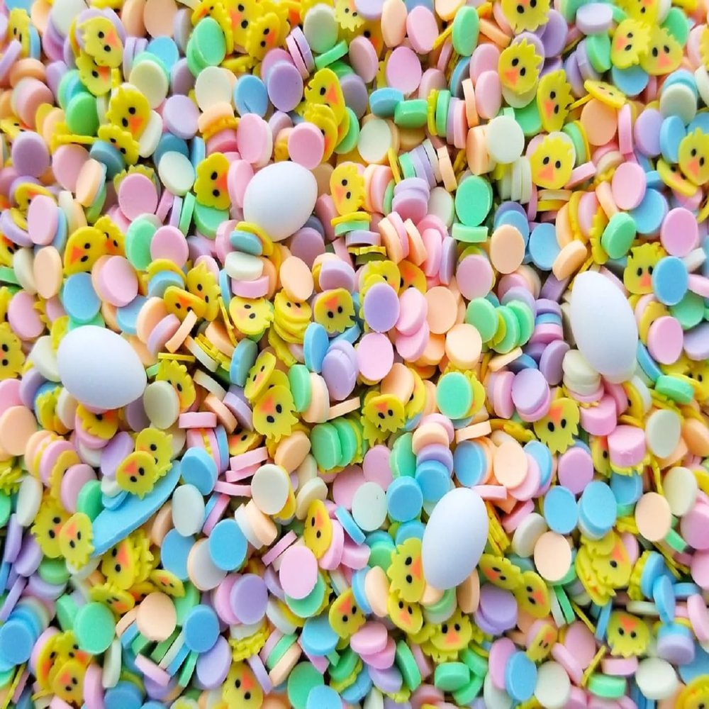 Chicken Coop Easter Sprinkle Mix - Polymer Clay Fake Sprinkles, Decoden Funfetti Jimmies with 3 Resin Egg Cabochons (Container (No eggs))