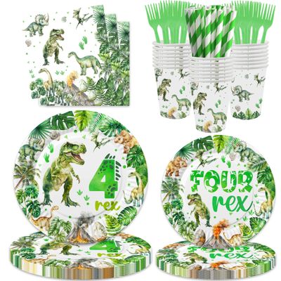 120 Pcs Watercolor Dinosaur 4th Birthday Party Supplies 4 Rex Birthday Party Decoration Includes Plates Cups Napkins Forks Tableware for Boys Roar I'm 4 Dinosaur Four Years Old Birthday Decor Favors