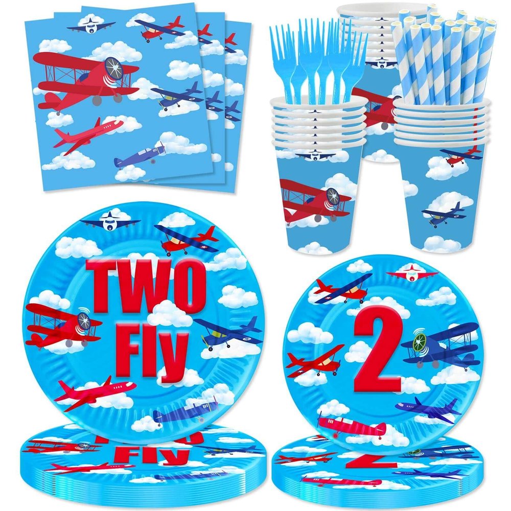 120 Pcs Airplane 2nd Birthday Party Supplies Two Fly Birthday Party Decoration Includes Paper Plates Cups Napkins Straws Forks Tableware for Aviation Theme Boys Two Years Old Birthday Decor Favors