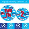 120 Pcs Airplane 2nd Birthday Party Supplies Two Fly Birthday Party Decoration Includes Paper Plates Cups Napkins Straws Forks Tableware for Aviation Theme Boys Two Years Old Birthday Decor Favors view 2