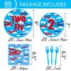 120 Pcs Airplane 2nd Birthday Party Supplies Two Fly Birthday Party Decoration Includes Paper Plates Cups Napkins Straws Forks Tableware for Aviation Theme Boys Two Years Old Birthday Decor Favors view 4