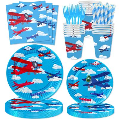 120 Pcs Airplane Birthday Party Supplies Airplane Aircraft Party Decoration Includes Paper Plates Cups Napkins Straws Forks for Aviation Theme Boys Baby Shower 1st 2nd 3rd 4th Birthday Decor Favors