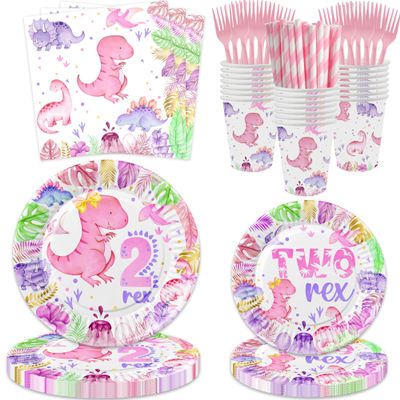 120 Pcs Pink Watercolor Dinosaur 2nd Birthday Party Supplies 2 Rex Birthday Party Decoration Includes Plates Cups Napkins Forks Tableware for Girls Roar I'm 2 Dinosaur Two Years Old Birthday Favors