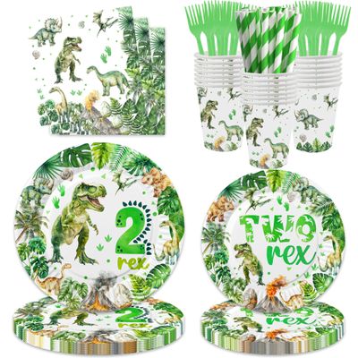 120 Pcs Watercolor Dinosaur 2nd Birthday Party Supplies 2 Rex Birthday Party Decoration Includes Plates Cups Napkins Forks Tableware for Boys Roar I'm 2 Dinosaur Two Years Old Birthday Decor Favors