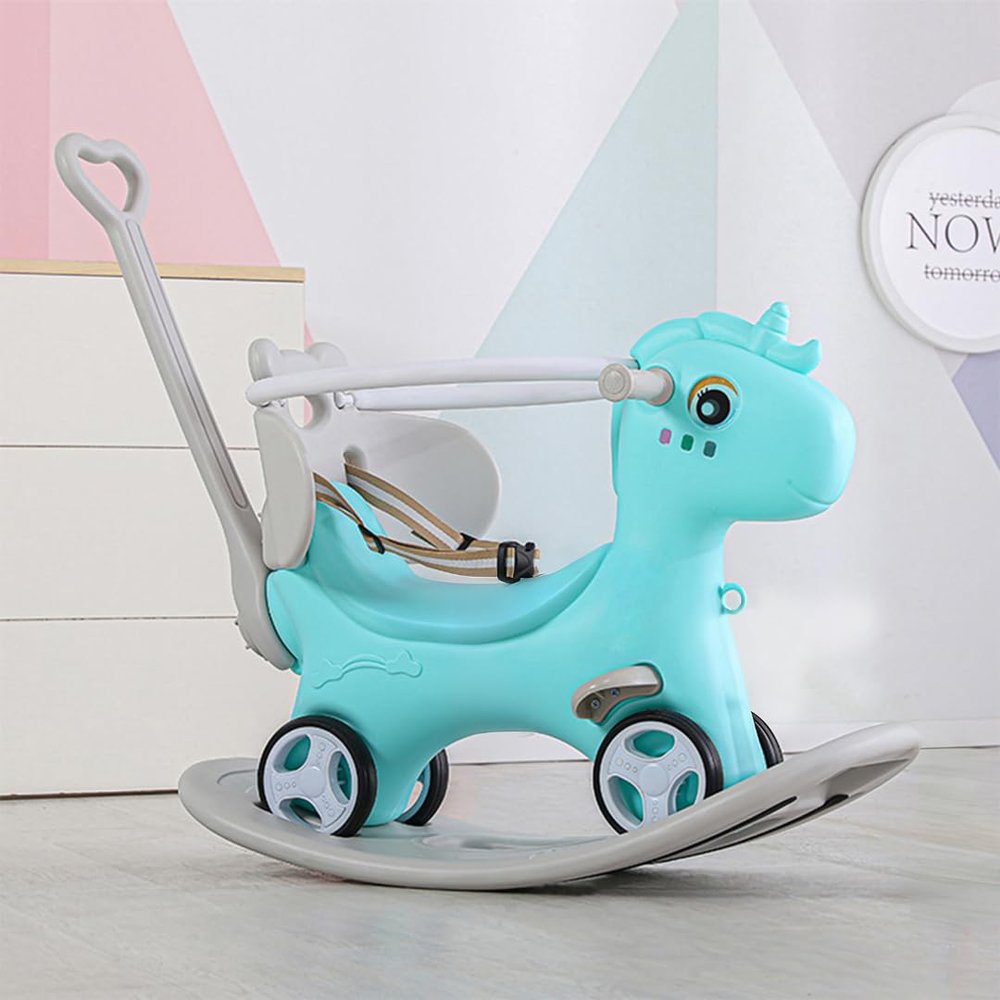 4 in 1 Rocking Horse for Toddlers 1.5-3 Years Old, Balance Bike Ride On Toys with Push Handle, Baby Rocking Toy Backrest and Balance Board for Baby Girl and Boy Fun Birthday Gift (Blue)