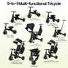 Aneco 9-in-1 Multi-functional Baby Tricycle for Toddlers 10 Months-3 Years with Removable Canopy Rotatable Seat Safety Harness Wheel Brake Adjustable Push Handle Storage Bag Cup Holder Black and Green view 3