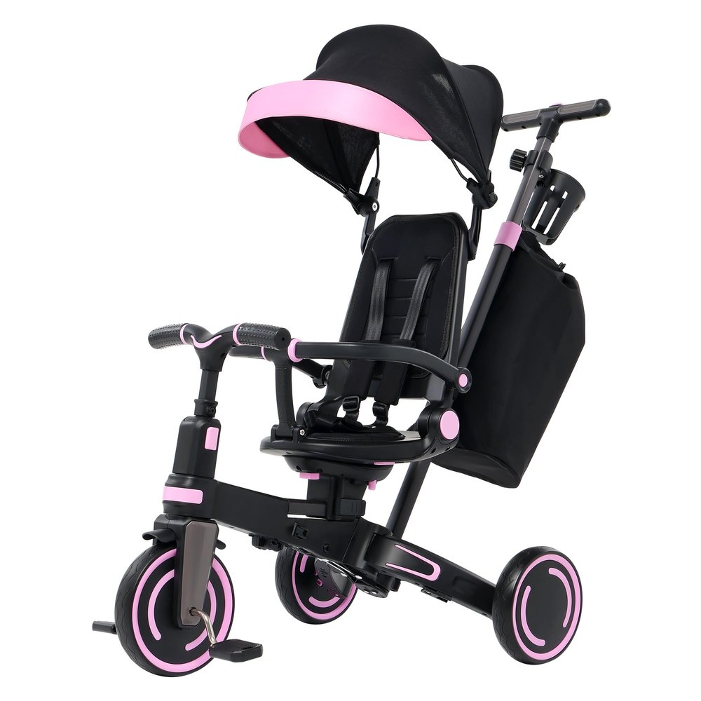 Aneco 9-in-1 Multi-functional Baby Tricycle for Toddlers 10 Months-3 Years with Removable Canopy Rotatable Seat Safety Harness Wheel Brake Adjustable Push Handle Storage Bag Cup Holder, Black and Pink