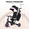 Aneco 9-in-1 Multi-functional Baby Tricycle for Toddlers 10 Months-3 Years with Removable Canopy Rotatable Seat Safety Harness Wheel Brake Adjustable Push Handle Storage Bag Cup Holder, Black and Pink view 2
