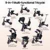 Aneco 9-in-1 Multi-functional Baby Tricycle for Toddlers 10 Months-3 Years with Removable Canopy Rotatable Seat Safety Harness Wheel Brake Adjustable Push Handle Storage Bag Cup Holder, Black and Pink view 3