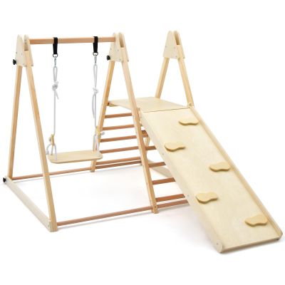 GLACER Indoor Jungle Gym, Large 5-in-1 Wooden Playground Climbing Toys w/Sided Slide, Baby Swing& Ladder, Foldable Montessori Philosophy Waldorf Play Gym for Toddlers