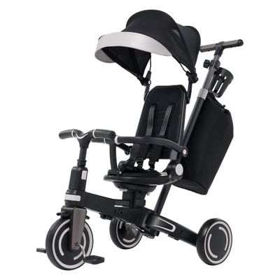 Aneco 9-in-1 Multi-functional Baby Tricycle for Toddlers 10 Months-3 Years with Removable Canopy Rotatable Seat Safety Harness Wheel Brake Adjustable Push Handle Storage Bag Cup Holder, Black and Gray