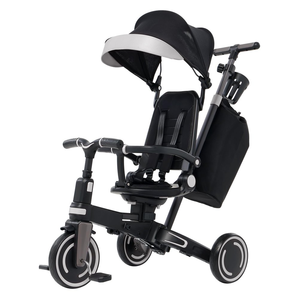 Aneco 9-in-1 Multi-functional Baby Tricycle for Toddlers 10 Months-3 Years with Removable Canopy Rotatable Seat Safety Harness Wheel Brake Adjustable Push Handle Storage Bag Cup Holder, Black and Gray