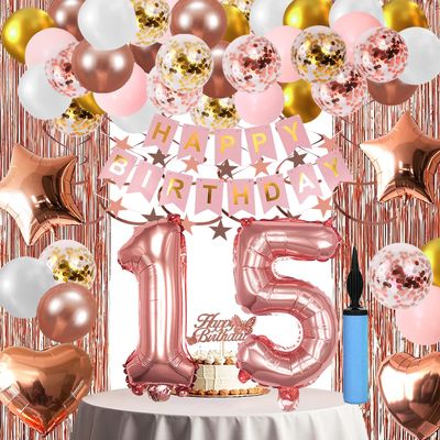 15th Birthday Decorations For Girls, 15 Year Olds Happy Birthday Banners Party Decor Balloon Foil Fringe Curtains Heart Star Confetti Balloons, 15th Rose Gold Party Supplies for Girls Women Her