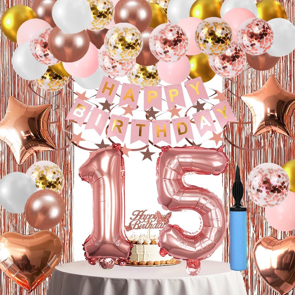15th Birthday Decorations For Girls, 15 Year Olds Happy Birthday Banners Party Decor Balloon Foil Fringe Curtains Heart Star Confetti Balloons, 15th Rose Gold Party Supplies for Girls Women Her