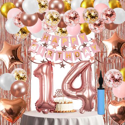14th Birthday Decorations For Girls, 14 Year Olds Happy Birthday Banners Party Decor Balloon Foil Fringe Curtains Heart Star Confetti Balloons, 14th Rose Gold Party Supplies for Girls Women Her