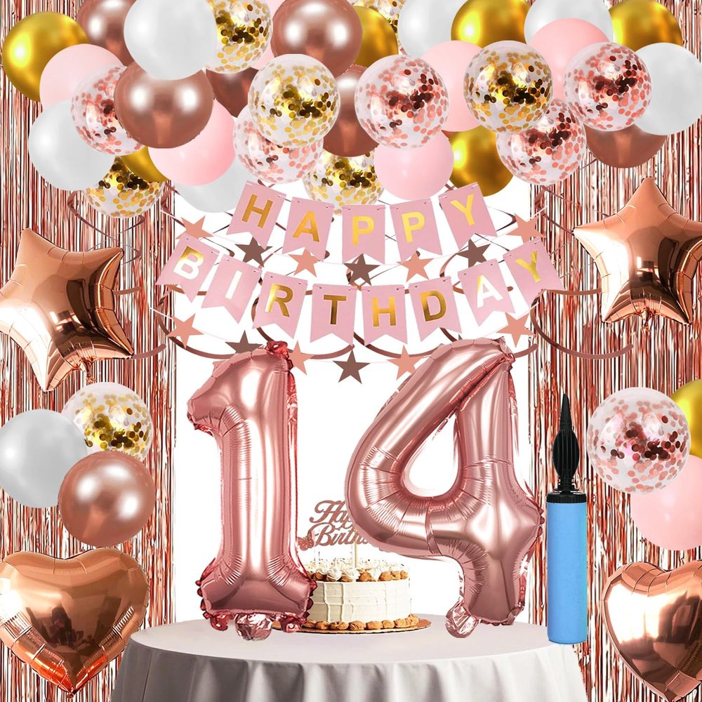 14th Birthday Decorations For Girls, 14 Year Olds Happy Birthday Banners Party Decor Balloon Foil Fringe Curtains Heart Star Confetti Balloons, 14th Rose Gold Party Supplies for Girls Women Her