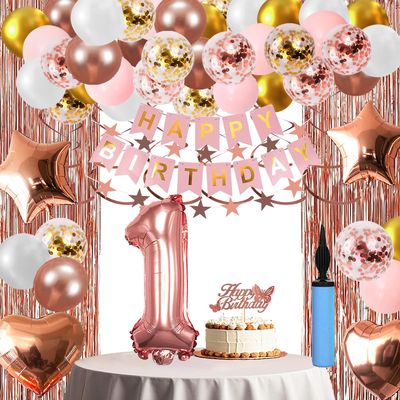 1st Birthday Decorations For Baby Girls, 1 Year Old Happy Birthday Banners Party Decor Balloon Foil Fringe Curtains Heart Star Confetti Balloons, 1st Rose Gold Party Supplies for Girls Women Her