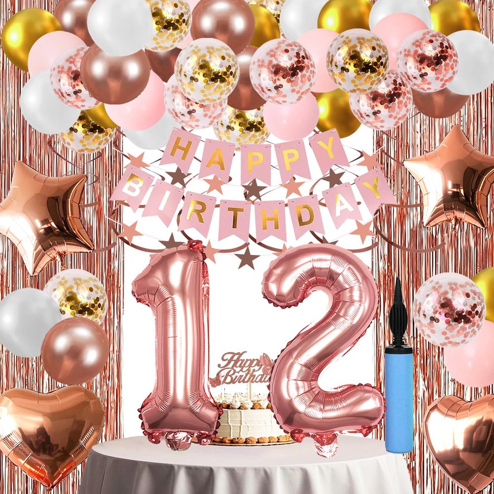 12th Birthday Decorations For Girls, 12 Year Olds Happy Birthday Banners Party Decor Balloon Foil Fringe Curtains Heart Star Confetti Balloons, 12th Rose Gold Party Supplies for Girls Women Her