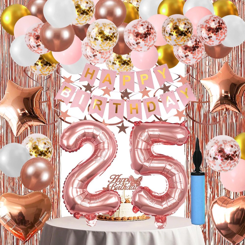 25th Birthday Decorations For Womener, 25 Year Olds Happy Birthday Banners Party Decor Balloon Foil Fringe Curtains Heart Star Confetti Balloons, 25th Rose Gold Party Supplies for Girls Women Her