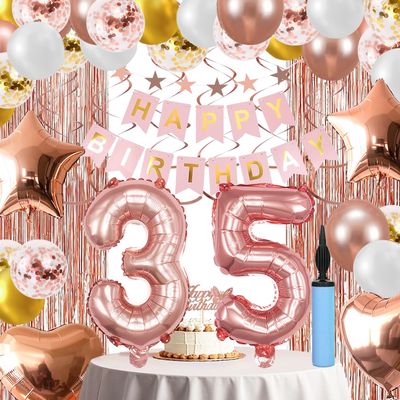 35th Birthday Decorations For Women, 35Year Olds Happy Birthday Banners Party Decor Balloon Foil Fringe Curtains Heart Star Confetti Balloons, 35th Rose Gold Party Supplies for Girls Women Her
