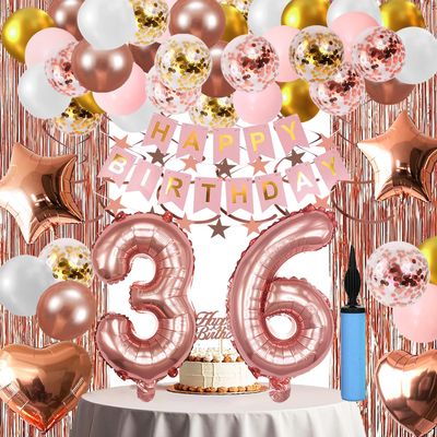 36th Birthday Decorations For Women, 36 Year Olds Happy Birthday Banners Party Decor Balloon Foil Fringe Curtains Heart Star Confetti Balloons, 36th Rose Gold Party Supplies for Girls Women Her
