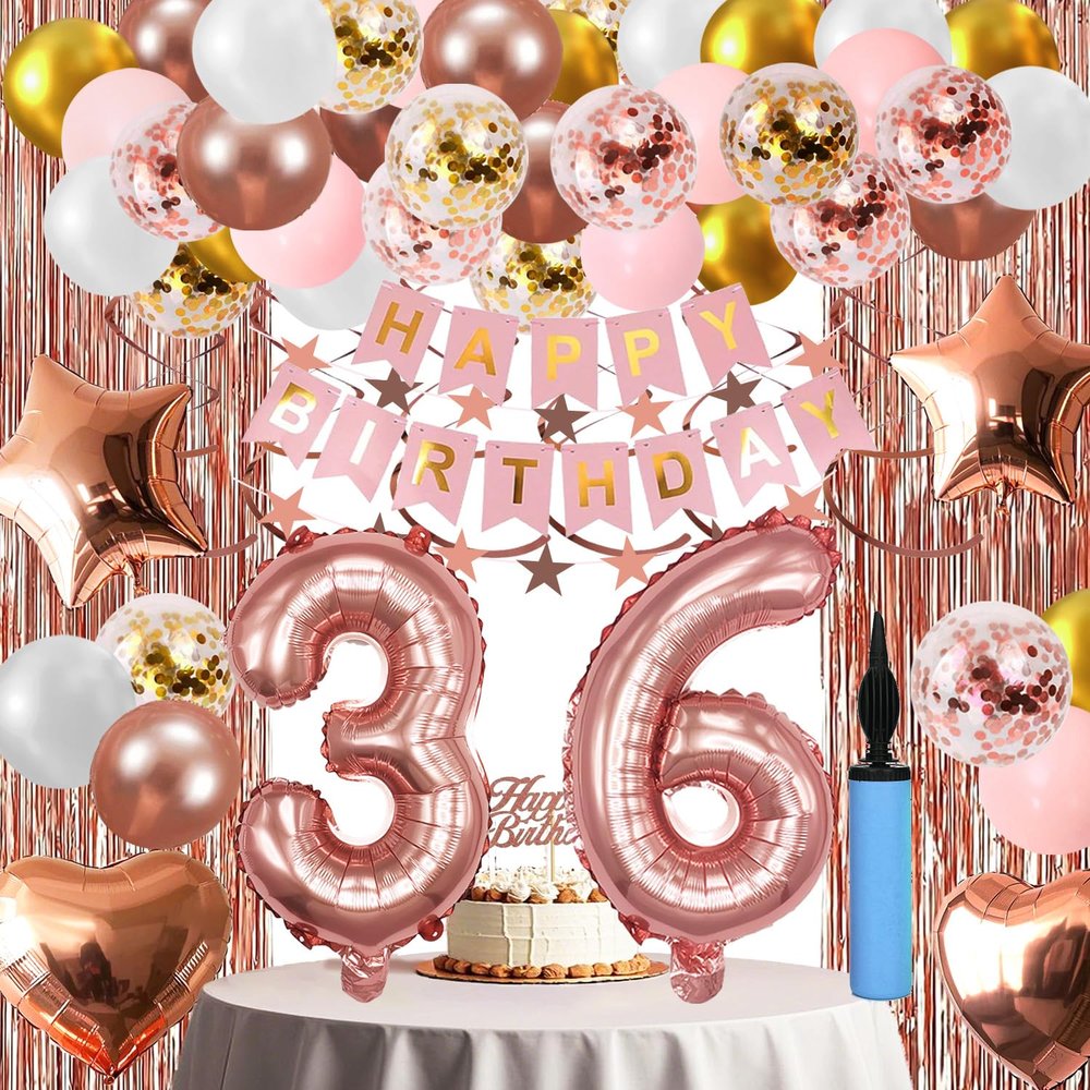 36th Birthday Decorations For Women, 36 Year Olds Happy Birthday Banners Party Decor Balloon Foil Fringe Curtains Heart Star Confetti Balloons, 36th Rose Gold Party Supplies for Girls Women Her