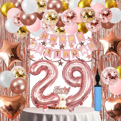 29th Birthday Decorations For Women, 29 Year Olds Happy Birthday Banners Party Decor Balloon Foil Fringe Curtains Heart Star Confetti Balloons, 29th Rose Gold Party Supplies for Girls Women Her