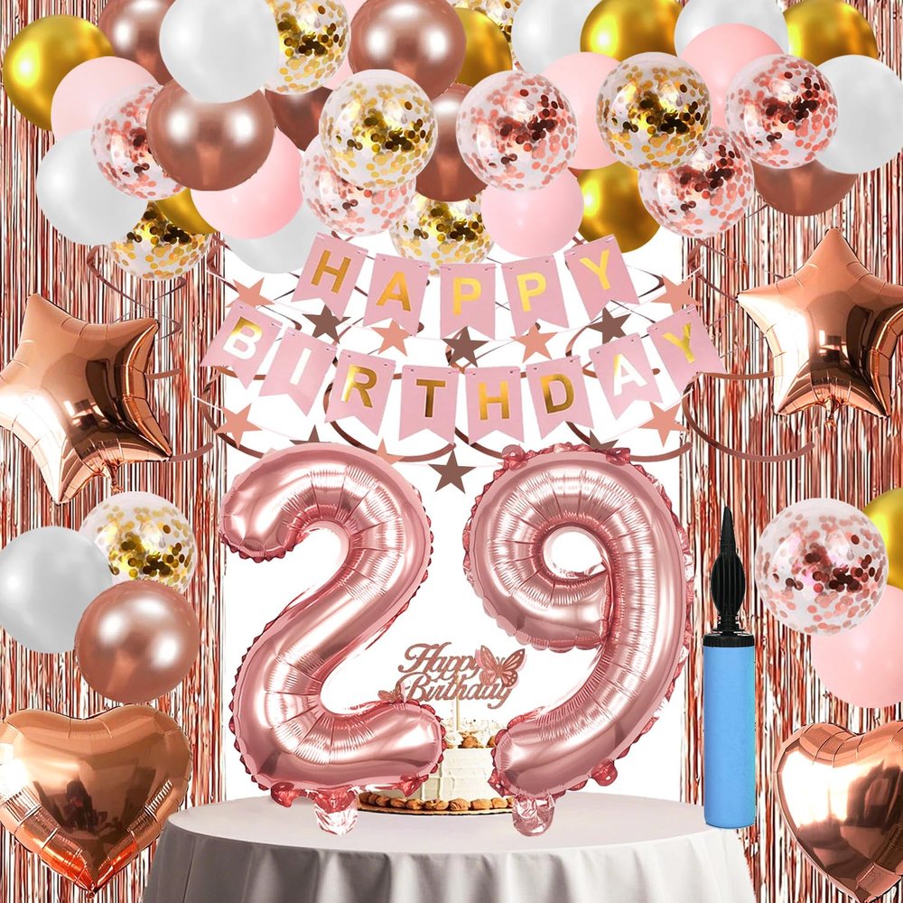 29th Birthday Decorations For Women, 29 Year Olds Happy Birthday Banners Party Decor Balloon Foil Fringe Curtains Heart Star Confetti Balloons, 29th Rose Gold Party Supplies for Girls Women Her