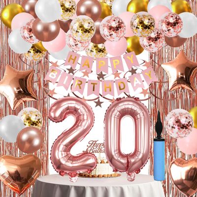 20th Birthday Decorations For Girls, 20 Year Olds Happy Birthday Banners Party Decor Balloon Foil Fringe Curtains Heart Star Confetti Balloons, 20th Rose Gold Party Supplies for Girls Women Her