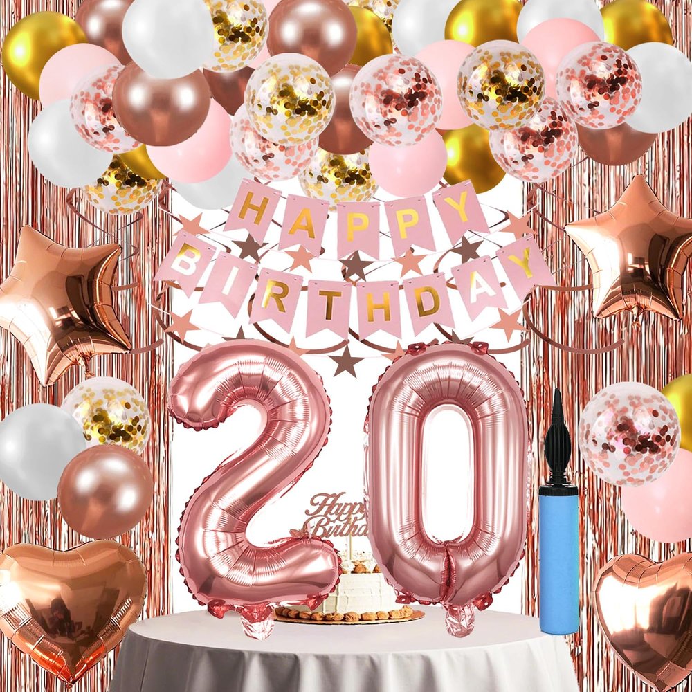20th Birthday Decorations For Girls, 20 Year Olds Happy Birthday Banners Party Decor Balloon Foil Fringe Curtains Heart Star Confetti Balloons, 20th Rose Gold Party Supplies for Girls Women Her