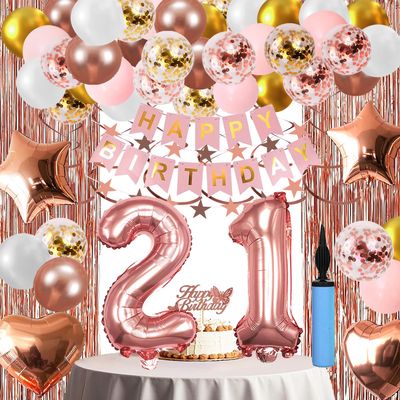 21st Birthday Decorations For Girls, 21 Year Olds Happy Birthday Banners Party Decor Balloon Foil Fringe Curtains Heart Star Confetti Balloons, 21st Rose Gold Party Supplies for Girls Women Her