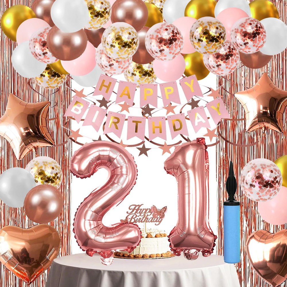 21st Birthday Decorations For Girls, 21 Year Olds Happy Birthday Banners Party Decor Balloon Foil Fringe Curtains Heart Star Confetti Balloons, 21st Rose Gold Party Supplies for Girls Women Her