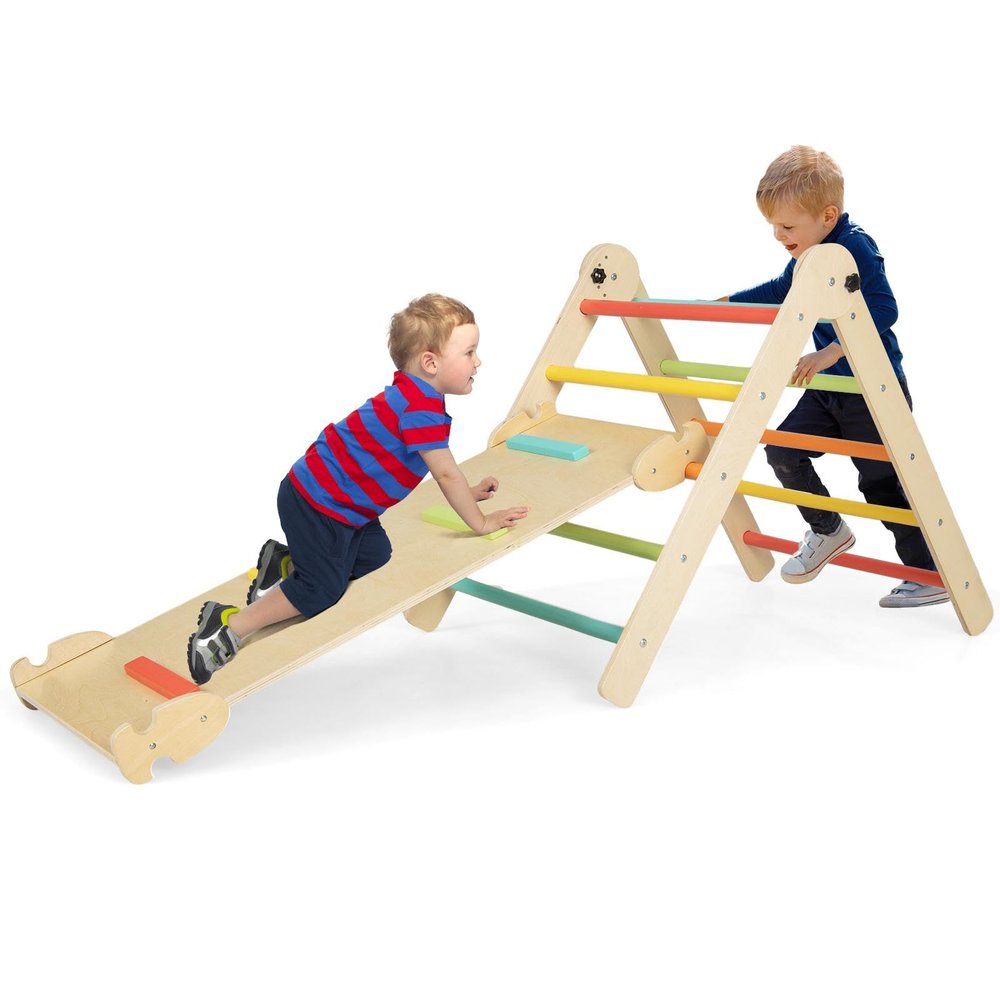 GLACER Climbing Toys for Toddlers, 4 in 1 Foldable Montessori Triangle Climber with Adjustable Angles Ramp, WoodBaby Climbing Gym in Daycare, Gym & Playground for Boys Girls (Colorful)