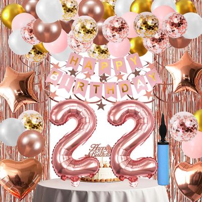 22nd Birthday Decorations For Women, 22 Year Olds Happy Birthday Banners Party Decor Balloon Foil Fringe Curtains Heart Star Confetti Balloons, 22nd Rose Gold Party Supplies for Girls Women Her